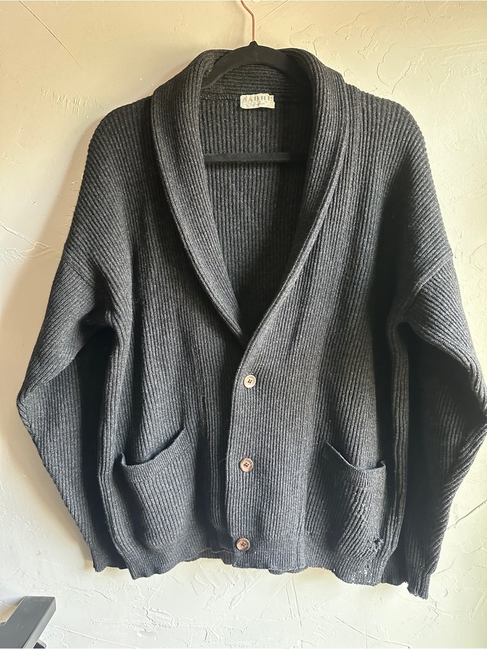 Vintage Sabre London Wool Shawl Collar Cardigan Thrashed Grunge Grandpa Sweater